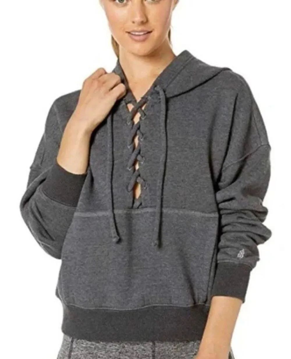 Free People Movement Gray Believer Sweat Hoodie Lace-Up SWEATSHIRT sz XS